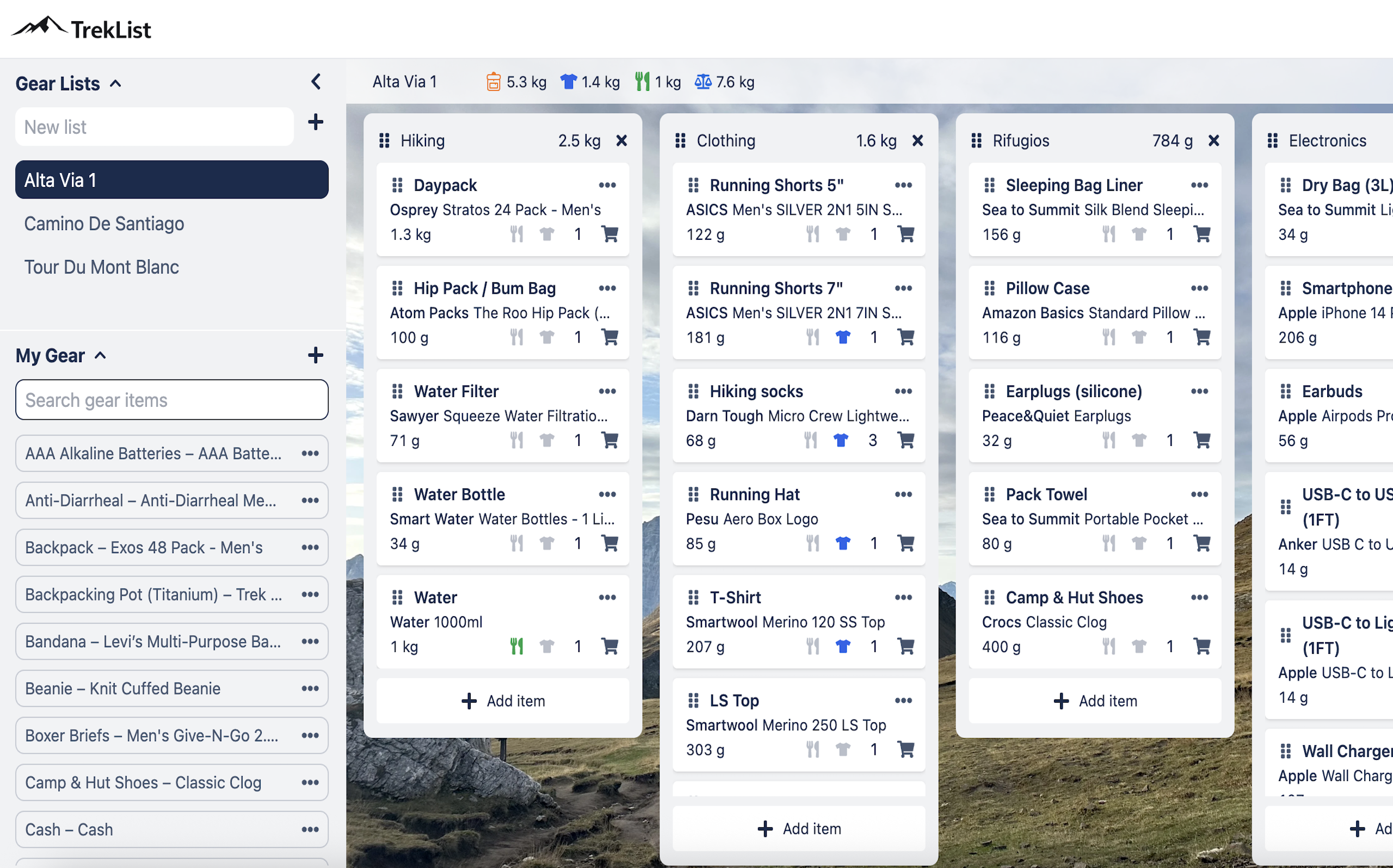 Vista desktop di TrekList con più categorie in colonne