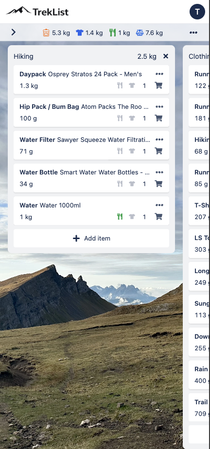 Colonne delle categorie su TrekList in mobile