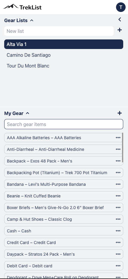 Vista mobile di TrekList con liste e ricerca in La mia attrezzatura